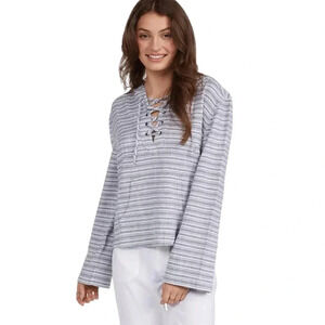 ROXY Cabo Trip Lace Up Long Sleeve Top Striped Woven Light Sweater Women’s Large